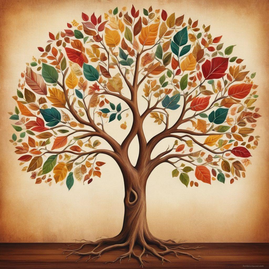 A family tree branching out with colorful leaves, each leaf representing different cultural symbols and ancestral traditions. Incorporate a diverse group of family members gathering around, sharing stories and celebrating their heritage. The background features vintage family photos and heirlooms. Super-realistic. Warm earthy tones.🌳