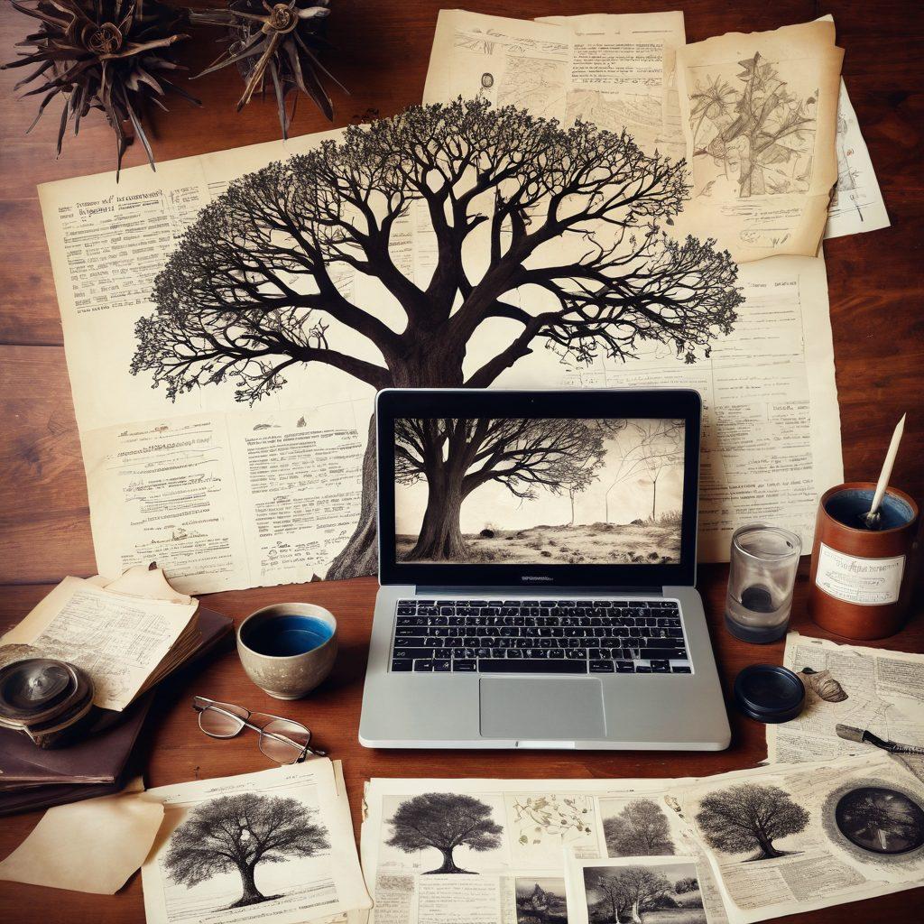 A captivating collage of ancient family trees, vintage photographs, and design elements like quills and ink pots, symbolizing genealogical research. Include a modern laptop displaying a blog, with maps and old documents scattered around, reflecting the connection between past and present. The scene should evoke a sense of nostalgia and exploration. soft focus. warm tones. vintage style.