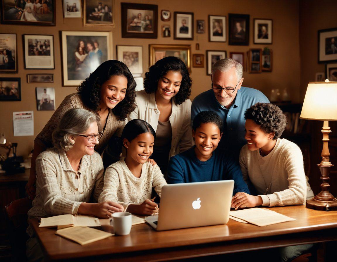 A heartwarming scene of a diverse family gathered around a laptop, joyfully engaging in a blogging session. Include a backdrop of memorabilia showcasing their family legacy, like old photos, letters, and heirlooms. The atmosphere is filled with warmth and creativity, depicting the bond between generations. Soft lighting enhances the emotional connection. super-realistic. warm tones. cozy environment.
